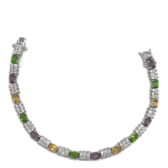 CZC 925 Sterling Silver Multi Color Crystal Link Tennis Bracelet - Picture 1 of 8